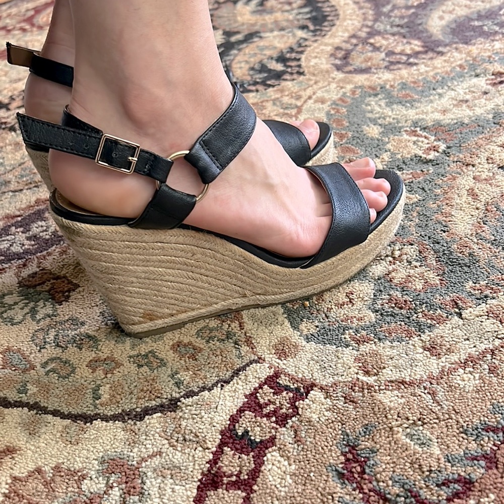 Merona black wedge sandal heels with ankle buckle